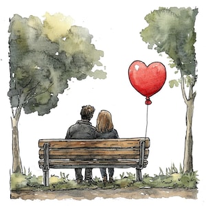 12x Coppia con palloncino rosso PNG Clipart, Clip Art acquerello romantico, Download digitale, PNG di alta qualità, Artigianato di carta, Diari spazzatura