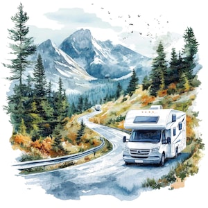 12 x clipart RV, aquarelle camping-car dans la nature, fichiers JPG de haute qualité, téléchargement numérique, aventure en forêt, créations en papier, vacances en camping-car