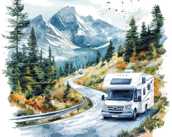 12x RV Clipart, Watercolor Camper Van in Nature, High Quality JPGs, Digital Download, Forest Adventure, Paper Crafts, Camper Van Holiday