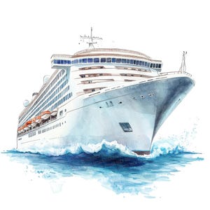 Clipart di navi da crociera, set di 12 clipart PNG di transatlantici ad acquerello, disegni di viaggio stampabili, download digitale, lavoretti di carta, diario di viaggio