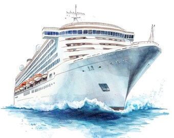 Clipart di navi da crociera, set di 12 clipart PNG di transatlantici ad acquerello, arte di viaggio stampabile, download digitale, lavori di carta, junk journal