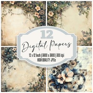 12x Botanical Steampunk Junk Journal Paper, Vintage Mechanical Digital Paper Pack, Aged Floral Gear Backgrounds, High Quality JPGs