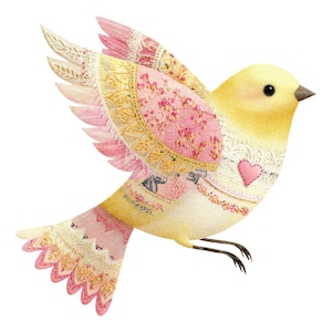 May include: A whimsical illustration of a yellow bird in flight, adorned with intricate patterns. The bird's wings and tail feature pink and gold floral designs, with a small pink heart on its chest. The bird is set against a clean white background.