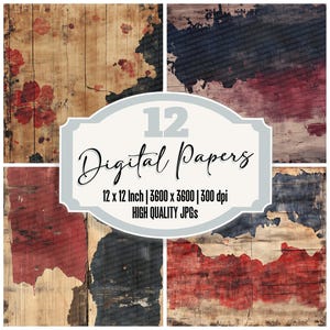 Paquete de 12 papeles para diario con tinta de bloques de madera agrietados, papel digital desgastado, madera pintada vintage, archivos JPG de alta calidad, papel para álbumes de recortes