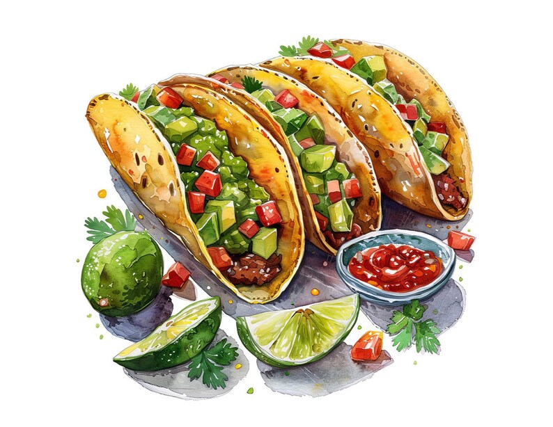 Taco PNG Clipart, 12x Mexican Food Clip Art Set, Printable Watercolor Taco Clipart, Transparent PNG, Digital Download, Fiesta Party Decor image 15