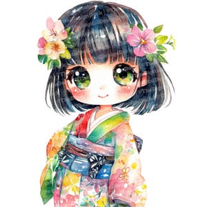 Kawaii Girl Clip Art, 12x Kimono Girl Clipart Set, Cute Chibi Character, Watercolor Clip Art, Printable Art, Digital Download,Japanese Style
