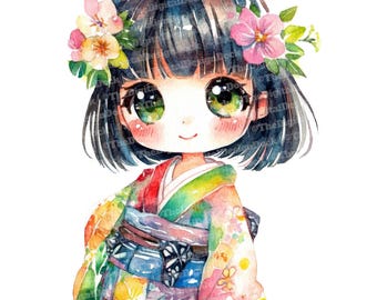 Kawaii Girl Clip Art, 12x Kimono Girl Clipart Set, Cute Chibi Character, Watercolor Clip Art, Printable Art, Digital Download,Japanese Style