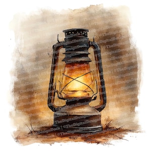 May include: A vintage-style oil lamp with a metal body and glass chimney. The lamp is lit and casting a warm glow. The background is a watercolour wash of brown and beige.