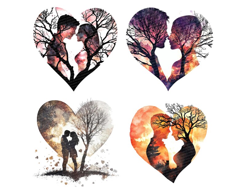 Romantic Silhouette PNG Clipart, 12x Couple in Heart Shape Clip Art Set ...