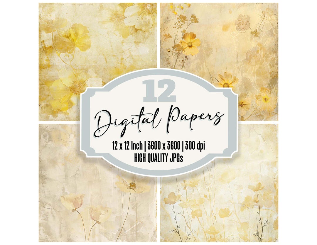 12 Vintage Yellow Floral Digital Paper, Junk Journal Paper Pack, Rustic ...
