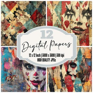 12x Warped Carnival Dreams Junk Journal Paper Pacote de papel digital Textura de palhaço grunge JPGs de alta qualidade Papel para scrapbook Download