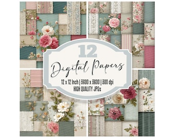 Shabby Chic Patchwork Digital Paper Pack 12x Linen Junk Journal Paper Mint Pink Floral Backgrounds Fabric Texture JPGs Printable Download