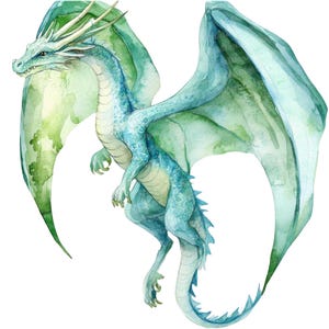May include: A watercolor painting of a blue and green dragon with wings spread wide. The dragon has a long tail and sharp claws.