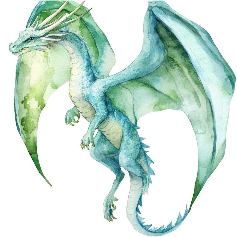 May include: A watercolor painting of a blue and green dragon with wings spread wide. The dragon has a long tail and sharp claws.