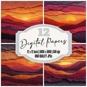12x Sunset Hill Junk Journal Paper Carta strappata a strati Paesaggio digitale Confezione JPG di alta qualità Sfondi naturali colorati da scaricare