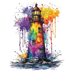 以下が含まれることがあります： 虹色の配色が施された灯台の水彩イラスト。 灯台は赤い上部と黄色の光で描かれ、カラフルなペイントスプラッシュと水しぶきに囲まれています。
