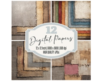 12x Fabric Collage Junk Journal Paper Textile Layers Digital Paper Pack Frayed Edges High Quality JPGs Scrapbook Paper Download XYZ