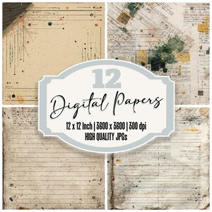 May include: A collection of 12 digital papers with a vintage aesthetic. The papers feature aged textures, handwritten notes, and abstract designs in beige, brown, and blue tones. Each paper is 12 x 12 inches and 3600 x 3600 pixels.