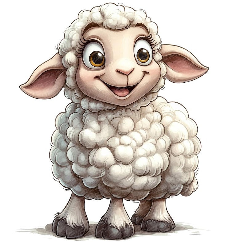 May include: A cartoon illustration of a white sheep with a fluffy coat, big brown eyes, and a happy expression. The sheep is standing on all four legs and looking to the right.