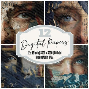 Pacote de 12x Liberty Gaze Junk Journal Paper Collage Digital Paper com textura desgastada, fundos americanos, JPGs de alta qualidade para impressão