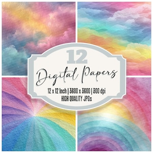 May include: A collage of four watercolor digital papers in pastel colors. The papers feature abstract designs with hues of pink, blue, yellow, and purple. A central label reads "12 Digital Papers" with dimensions of 12 x 12 inches and 3600 x 3600 resolution.