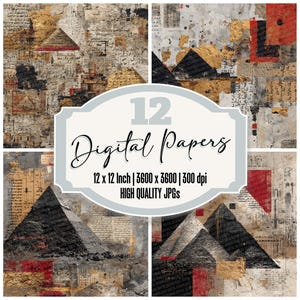 May include: A collage of four digital papers with an abstract design. Each paper features a mix of textures, including what appears to be aged paper, gold foil, and geometric shapes. The text "12 Digital Papers" is displayed in a decorative font.