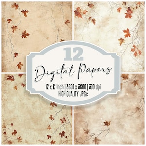 12x Vintage Autumn Digital Paper Pack, Fall Leaf Junk Journal Paper, Crackled Backgrounds, High Quality JPGs, Printable Scrapbook Paper