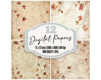 May include: A set of 12 digital papers featuring autumn maple leaves and bare branches on a textured beige background. The central label reads 12 Digital Papers, 12 x 12 Inch, 3600 x 3600, 300 dpi, and HIGH QUALITY JPGs in black and gray text.