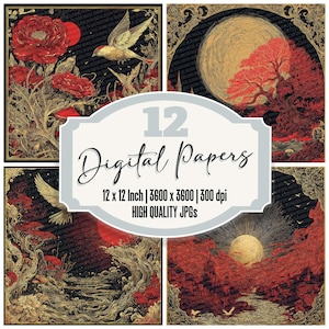 Peut inclure: Ensemble de 12 papiers numériques, chacun de 30.48 x 30.48 cm, avec des illustrations détaillées en rouge, or et noir. Les motifs comprennent des oiseaux, des fleurs et des paysages de style vintage. Le texte "Digital Papers" est inclus.
