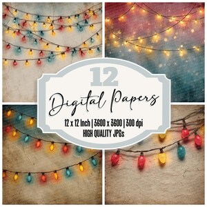 May include: A digital art collection featuring four backgrounds with string lights in various colors. The image includes the text "12 Digital Papers" and details about the paper size and resolution.