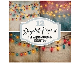 12x Christmas Retro Fairy Lights Junk Journal Paper Digital Paper Pack Scrapbook Paper Printable Paper Decorative Holiday Backgrounds JPGs