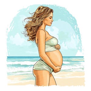 Mulher grávida praia PNG clipart, 12x maternidade verão clipart PNG conjunto, clipart de aquarela para impressão, artesanato em papel, download digital PNG