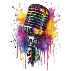 May include: A vintage-style microphone illustration with a colorful watercolor splash background. The microphone is detailed with black outlines and features a rainbow-colored grill. The background has vibrant hues of yellow, orange, pink, purple, and blue.