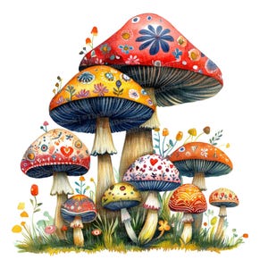 May include: A watercolor painting of colorful mushrooms with intricate patterns. The mushrooms are arranged in a cluster, with the largest mushroom at the top and the smallest mushroom at the bottom. The mushrooms are painted in shades of red, yellow, blue, and green.