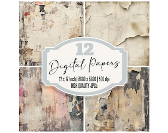 May include: Twelve digital papers with distressed, textured backgrounds in shades of beige, brown, and white. Each paper is 12 inches by 12 inches and 300 dpi.