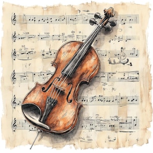 Op de afbeelding: Een bruine viool met een houten body en een zwarte hals ligt op een blad muziek met zwarte inktnoten. De viool heeft een lichtbruine afwerking en een donkerbruine hals. Het muziekpapier is licht vervaagd en heeft een vintage uitstraling.