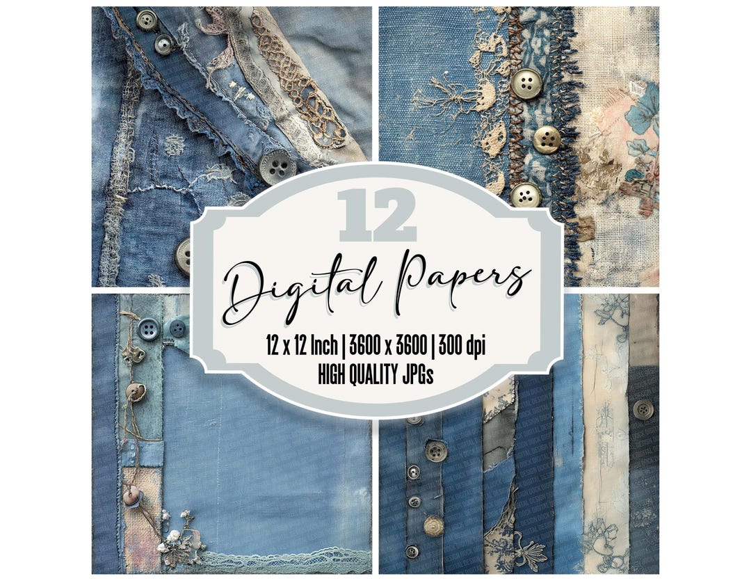 12x Rustic Blue Jean Digital Paper Pack, Shabby Chic Junk Journal Paper ...