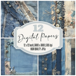 May include: Twelve digital papers featuring a distressed denim and fabric patchwork design with buttons and stitching. The papers are 12 inches by 12 inches and 3600 pixels by 3600 pixels at 300 dpi. High quality JPGs.