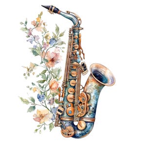 12x Clipart de saxofón floral, Clipart de música floral, Clipart de acuarela imprimible, Manualidades de papel, Arte de pared, Descarga digital, Revistas basura