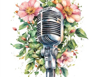 12x Microphone Clipart, Floral Microphone Clipart, Printable Watercolor Clipart, Paper Crafts, Wall Art, Digital Download, Junk Journals