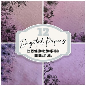12x Carta da giornale floreale lilla Carta digitale Confezione Ink Bloom Sfondi Carta stampabile Carta di alta qualità JPG Carta per scrapbooking Scarica