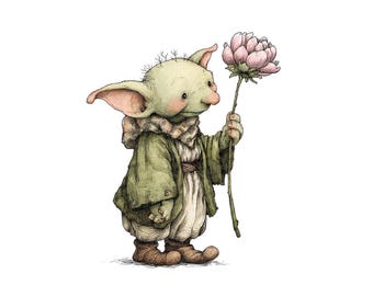 12x Gentle Goblin PNG Clipart, Watercolor Fantasy Character Clip Art Set, Printable Goblins with Flowers, Digital Download, Transparent PNG