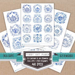 May include: Several sheets of paper featuring blue and white teapot designs. The teapots are surrounded by floral wreaths. The image includes the text "Fussy Cut Pages", "US Letter & A4 Sheets", "Inc. JPG + PNG Clipart", "48 PCS", "12 PAGES", and "300 DPI".