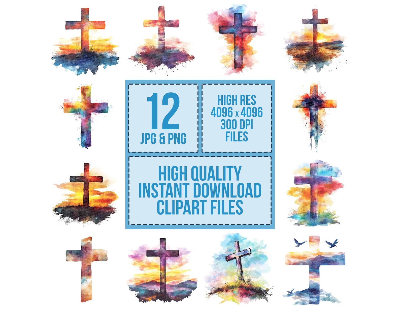 Watercolor Cross PNG Clipart, 12x Religious Bible Clip Art Set ...