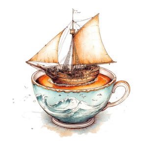 Clipart PNG di una tazza da tè a vela, set di 12 clipart PNG di una scena nautica con una tazza da tè, clipart acquerello stampabile, download digitale, pacchetto di diario di scarto