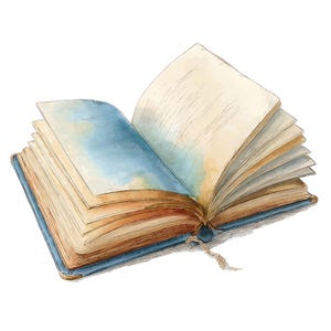 May include: Watercolor illustration of an open book with a blue cover and aged, cream-colored pages. The pages have a watercolor wash of blue and yellow. A beige ribbon bookmark hangs from the spine.