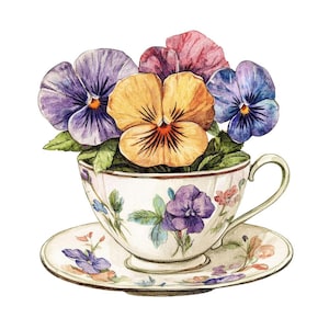 Viole del pensiero in una tazza da tè in formato PNG, set di 12 clipart di tazze da tè floreali in formato PNG, clipart di acquerelli stampabili, lavoretti di carta, download digitale di PNG