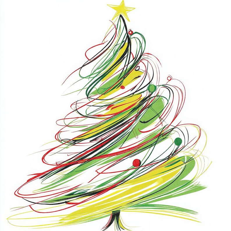 Puede incluir: Ilustraci&oacute;n abstracta de un &aacute;rbol de Navidad con una estrella amarilla en la parte superior. El &aacute;rbol est&aacute; compuesto por pinceladas verdes, amarillas y rojas, con peque&ntilde;as bolas rojas y verdes. La obra tiene un estilo caprichoso, dibujado a mano sobre fondo blanco.