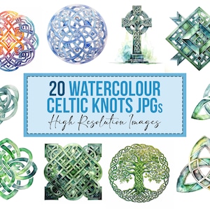Könnte beinhalten: Ein Set mit 20 Aquarell-Keltischen Knotendesigns im JPG-Format. Die Knoten haben verschiedene Formen, darunter Herzen, Kreise, Kreuze und Dreiecke. Die Knoten sind alle grün und blau, einige haben einen goldenen oder gelben Akzent. Der Text "20 WATERCOLOUR CELTIC KNOTS JPGs High Resolution Images" wird auf einem blauen Banner angezeigt.