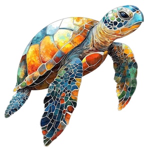 May include: A colourful sea turtle with a blue, green, orange and yellow shell. The turtle is swimming with its head and flippers extended.